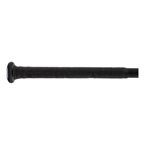 Close-up side view of a black baseball bat handle with textured grip tape, a black knob, and an embossed Rawlings logo.
