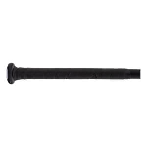 Close-up side view of a black baseball bat handle with textured grip tape, a black knob, and an embossed Rawlings logo.