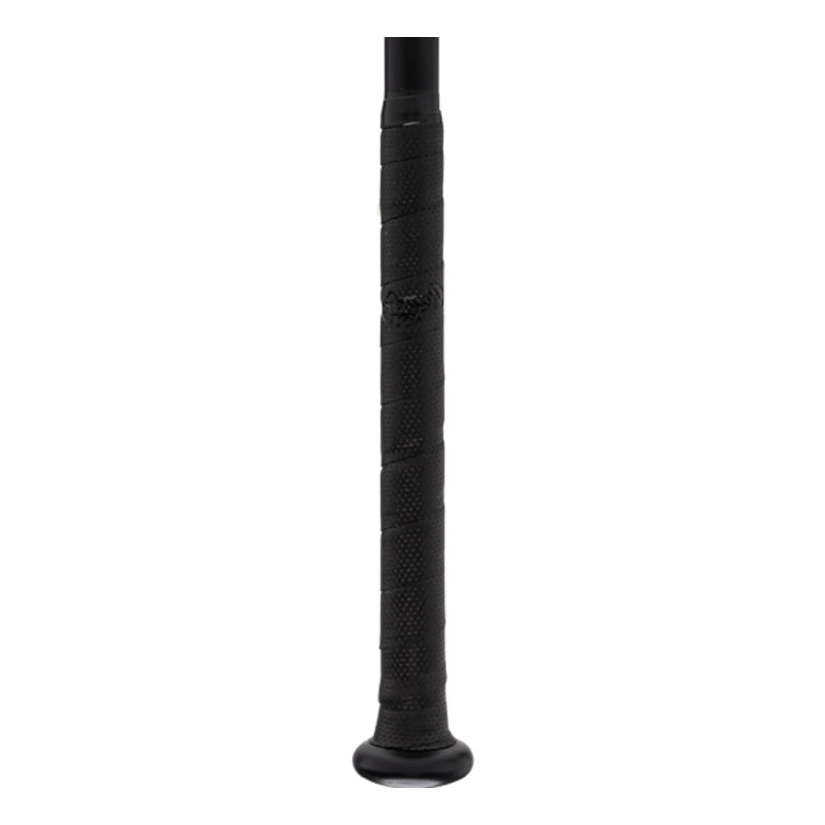 Close-up of a black baseball bat handle with textured grip tape wrapped around and a flared knob.