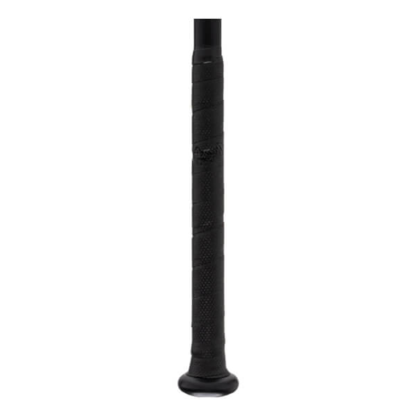 Close-up of a black baseball bat handle with textured grip tape wrapped around and a flared knob.