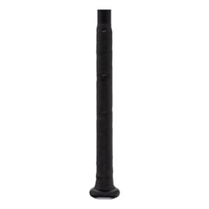 Close-up of a black baseball bat handle with textured grip tape wrapped around and a flared knob.