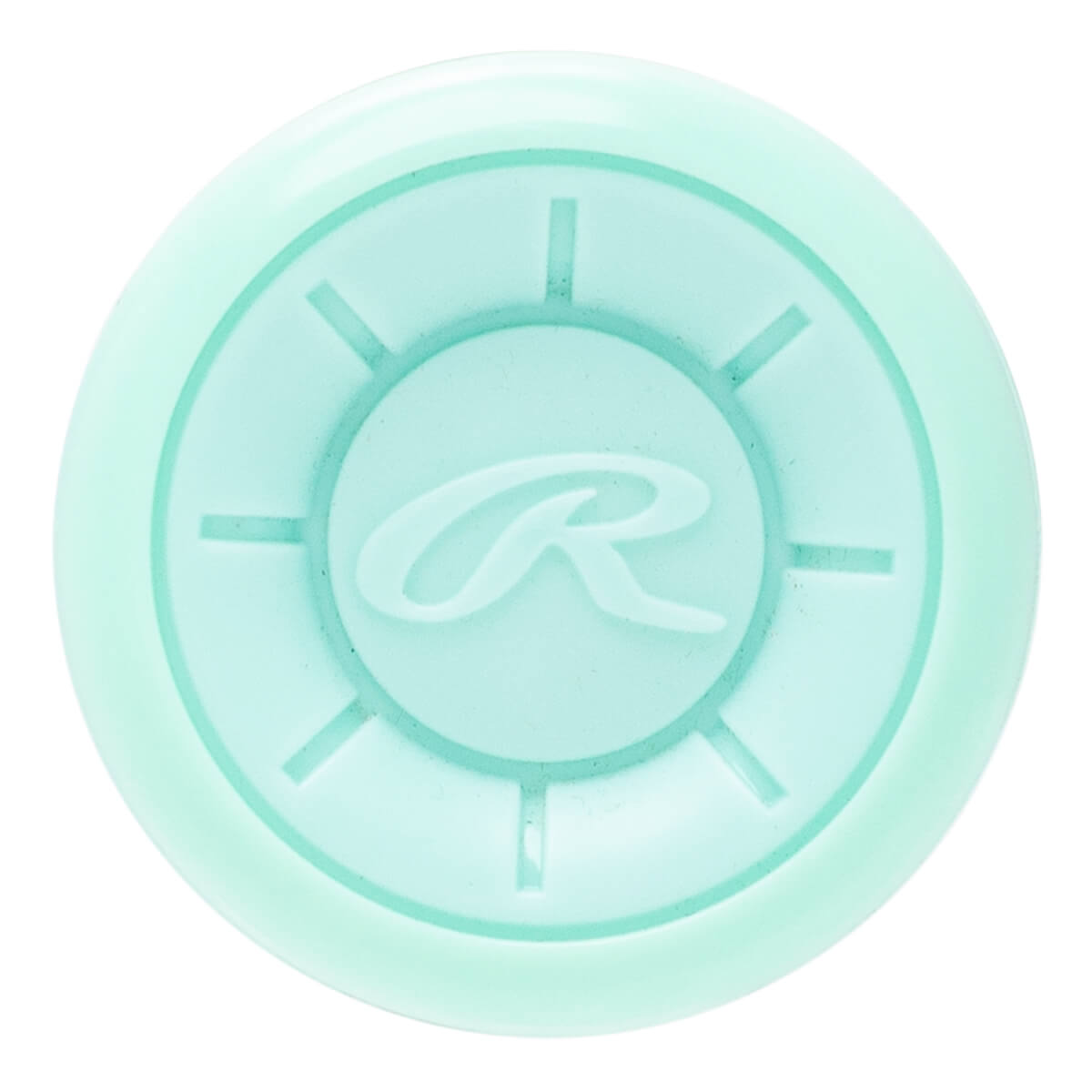 Top-down view of a translucent mint bat end cap with a raised Rawlings R logo and radial design.