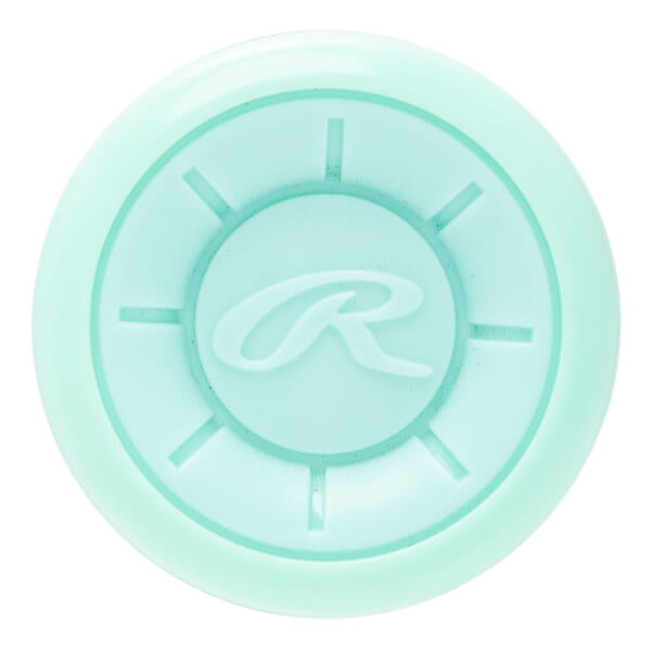 Top-down view of a translucent mint bat end cap with a raised Rawlings R logo and radial design.