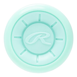 Top-down view of a translucent mint bat end cap with a raised Rawlings R logo and radial design.