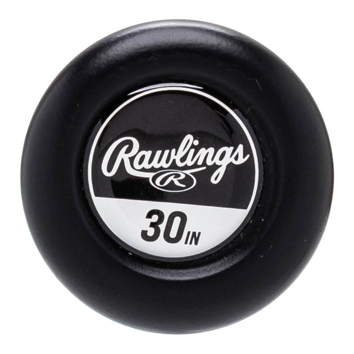 Top-down view of a black baseball bat end cap with a white Rawlings logo and 30 IN text.