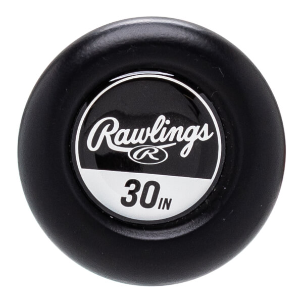 Top-down view of a black baseball bat end cap with a white Rawlings logo and 30 IN text.