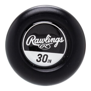 Top-down view of a black baseball bat end cap with a white Rawlings logo and 30 IN text.