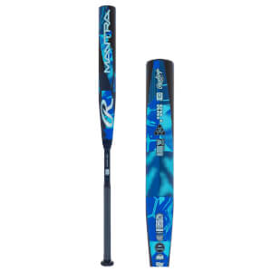 Full view and barrel detail of a blue and black fastpitch softball bat with MANTRA text and geometric patterns.