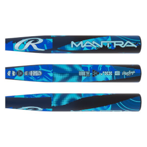 Full barrel design of a blue and black fastpitch softball bat with MANTRA text, Rawlings logo, and geometric blue pattern.