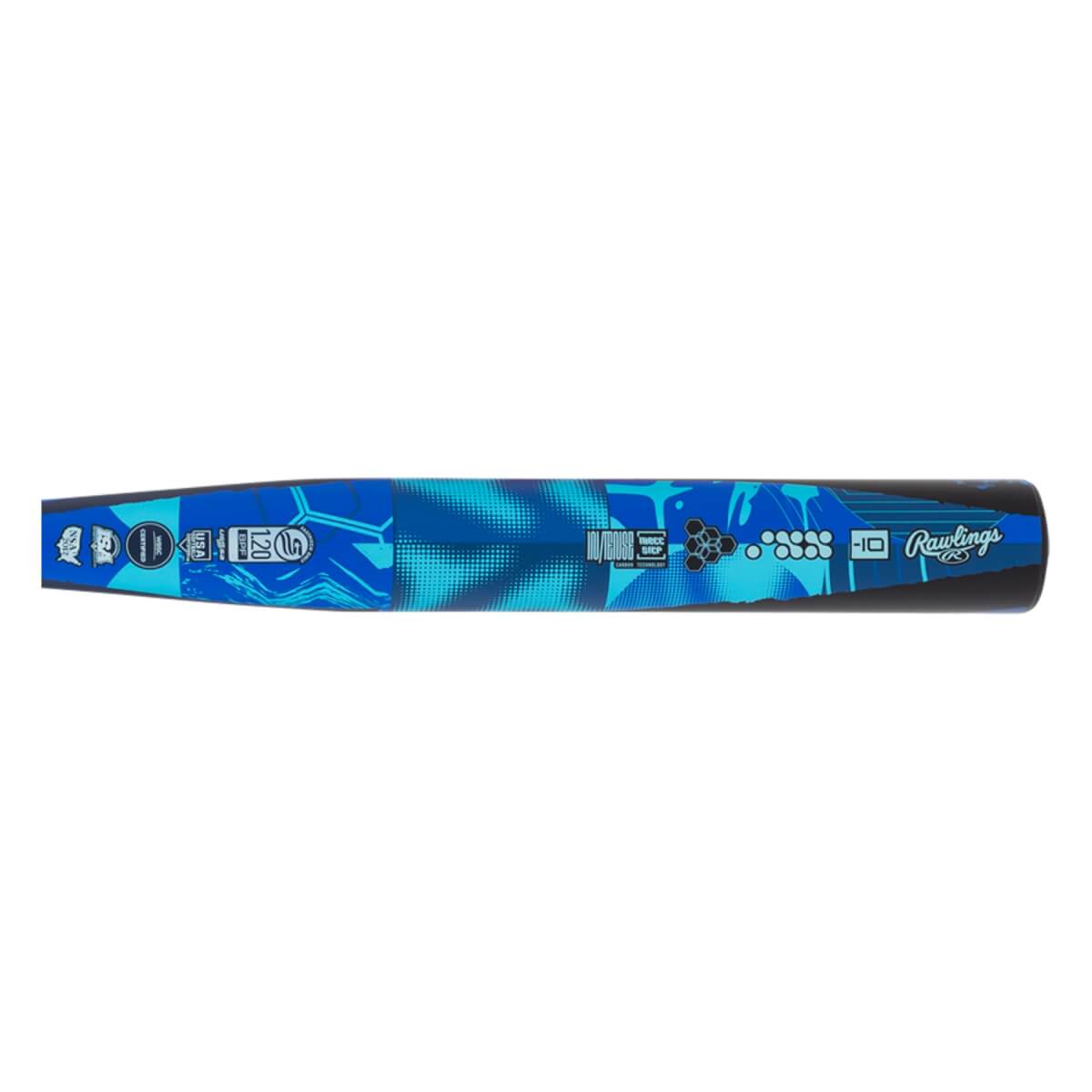 Side view of a blue and black fastpitch softball bat with a geometric pattern, MANTRA, and Rawlings.