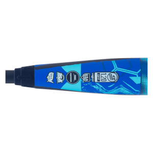 Close-up of a blue fastpitch softball bat barrel with multiple certification stamps and a geometric wave pattern.