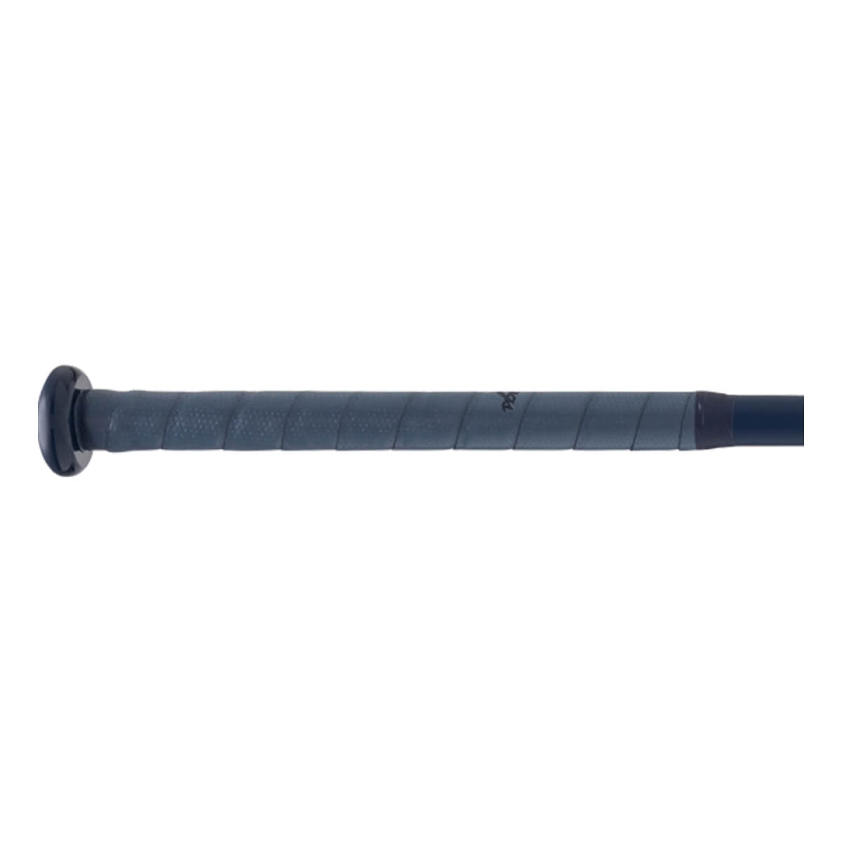 Close-up of a dark gray bat handle with wrapped grip tape, a black knob, and faint Rawlings branding.