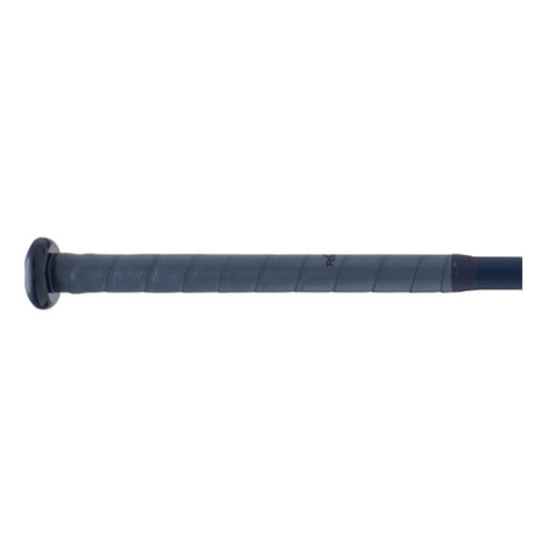 Close-up of a dark gray bat handle with wrapped grip tape, a black knob, and faint Rawlings branding.
