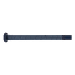 Close-up of a dark gray bat handle with wrapped grip tape, a black knob, and faint Rawlings branding.