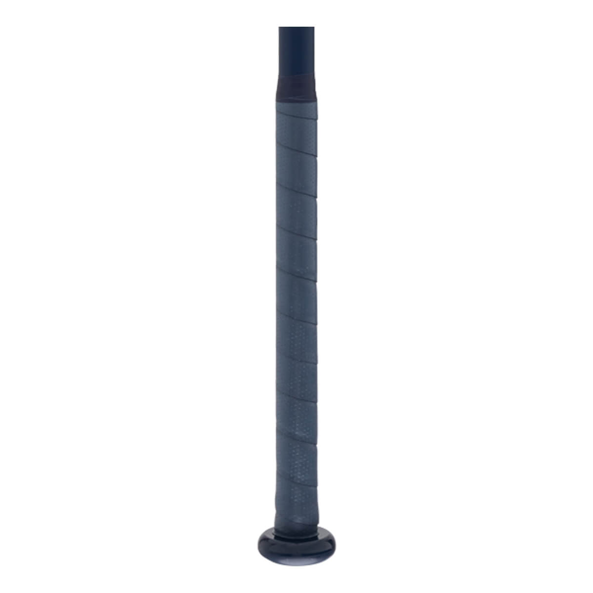Close-up of a dark blue bat handle with spiraled grip tape and a rounded knob at the base.