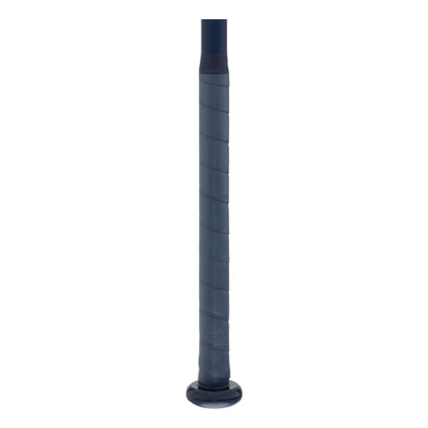 Close-up of a dark blue bat handle with spiraled grip tape and a rounded knob at the base.