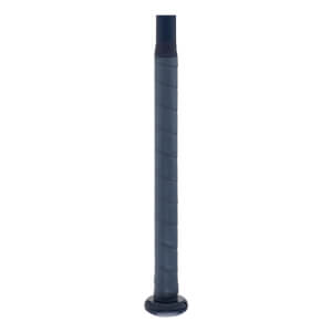 Close-up of a dark blue bat handle with spiraled grip tape and a rounded knob at the base.
