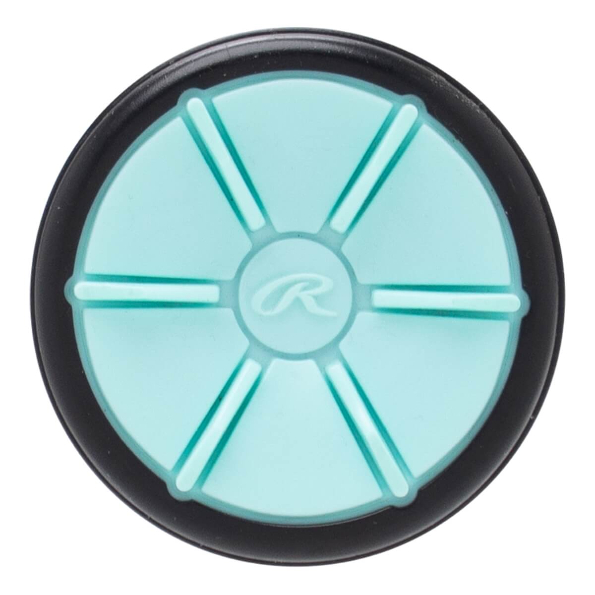 Top-down view of a black and light blue softball bat end cap with a raised Rawlings R logo and six radial lines.