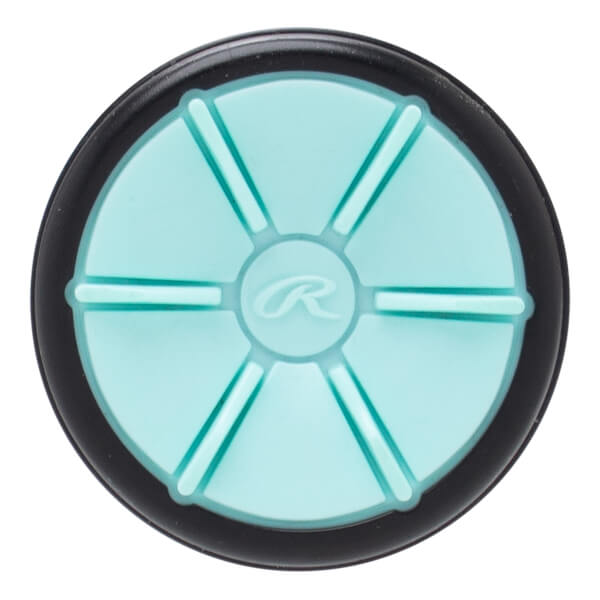 Top-down view of a black and light blue softball bat end cap with a raised Rawlings R logo and six radial lines.