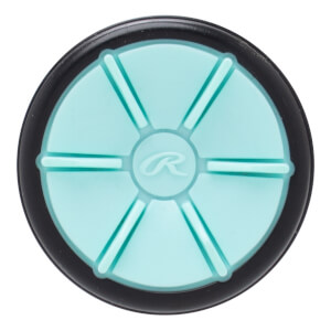 Top-down view of a black and light blue softball bat end cap with a raised Rawlings R logo and six radial lines.