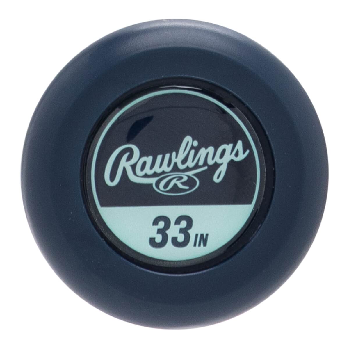 Top-down view of a dark blue bat end cap with a circular light blue insert displaying Rawlings and 33 in.