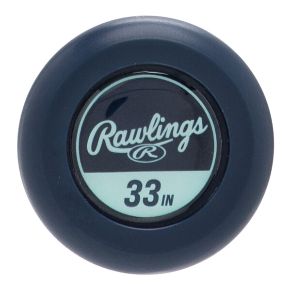 Top-down view of a dark blue bat end cap with a circular light blue insert displaying Rawlings and 33 in.