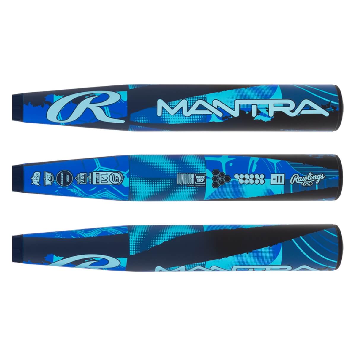 Multiple views of a dark blue and light blue softball bat with MANTRA text, Rawlings logo, and certification stamps.