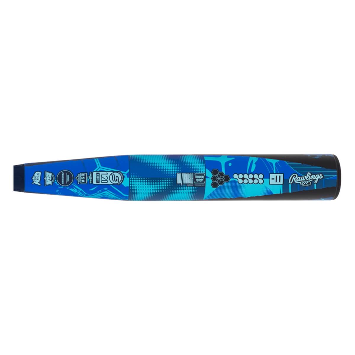 Side view of a blue and black fastpitch softball bat with an abstract pattern, Rawlings, and Mantra logos.
