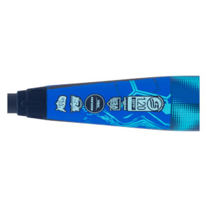 Close-up of the barrel of a blue fastpitch softball bat with black accents, multiple certification stamps, and a wave design.