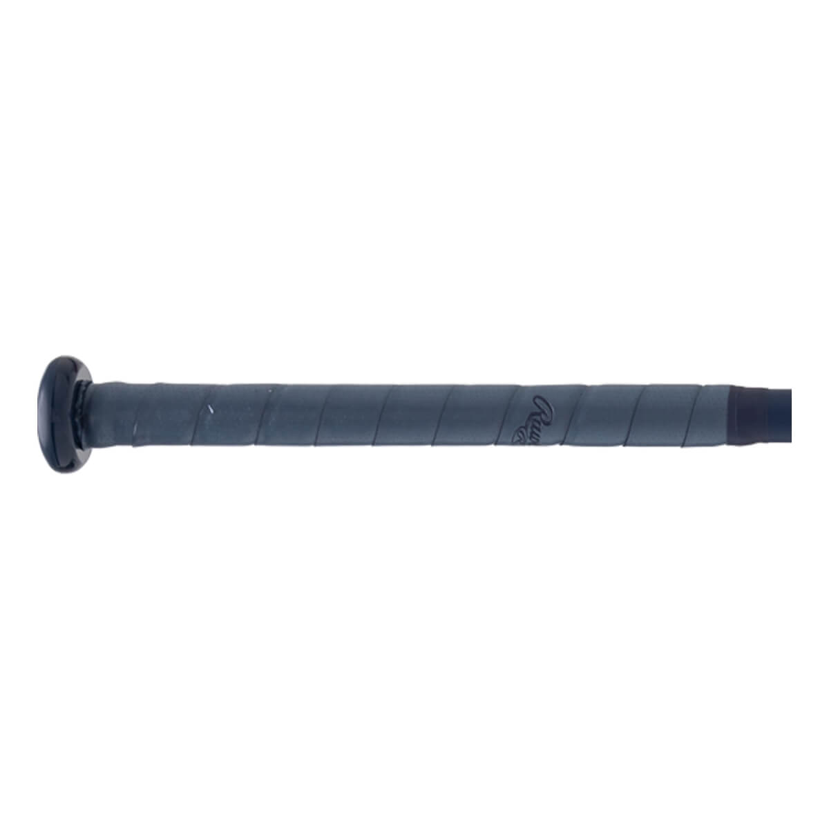 Close-up of dark grey fastpitch bat grip with black knob and embossed Rawlings logo.