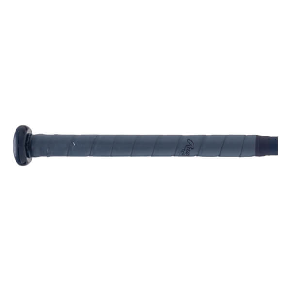 Close-up of dark grey fastpitch bat grip with black knob and embossed Rawlings logo.