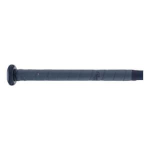 Close-up of dark grey fastpitch bat grip with black knob and embossed Rawlings logo.