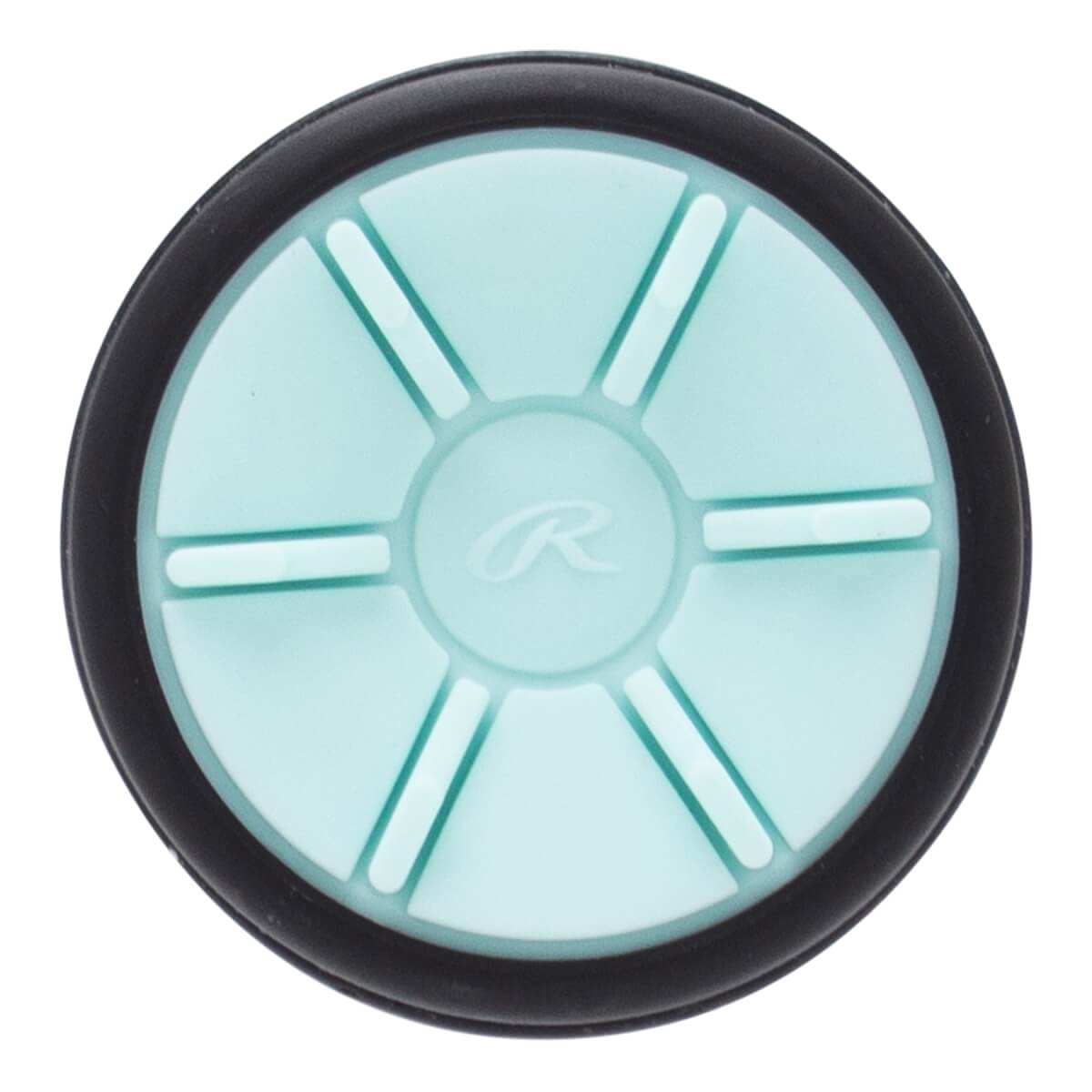 Top-down view of a light blue bat end cap with a black outer ring, a central Rawlings R logo, and six raised spokes.