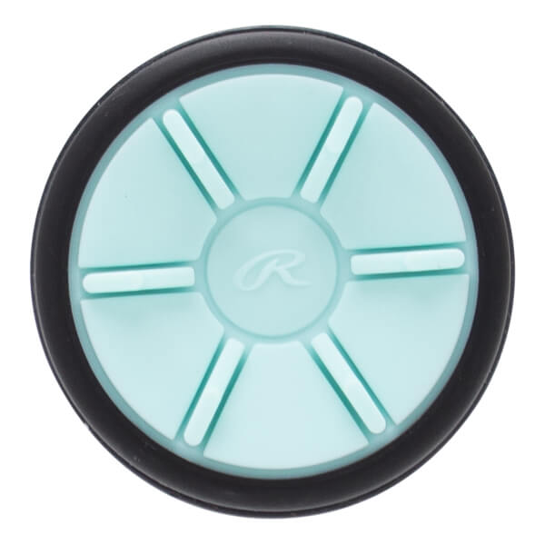 Top-down view of a light blue bat end cap with a black outer ring, a central Rawlings R logo, and six raised spokes.