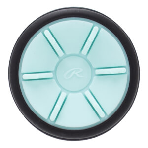 Top-down view of a light blue bat end cap with a black outer ring, a central Rawlings R logo, and six raised spokes.