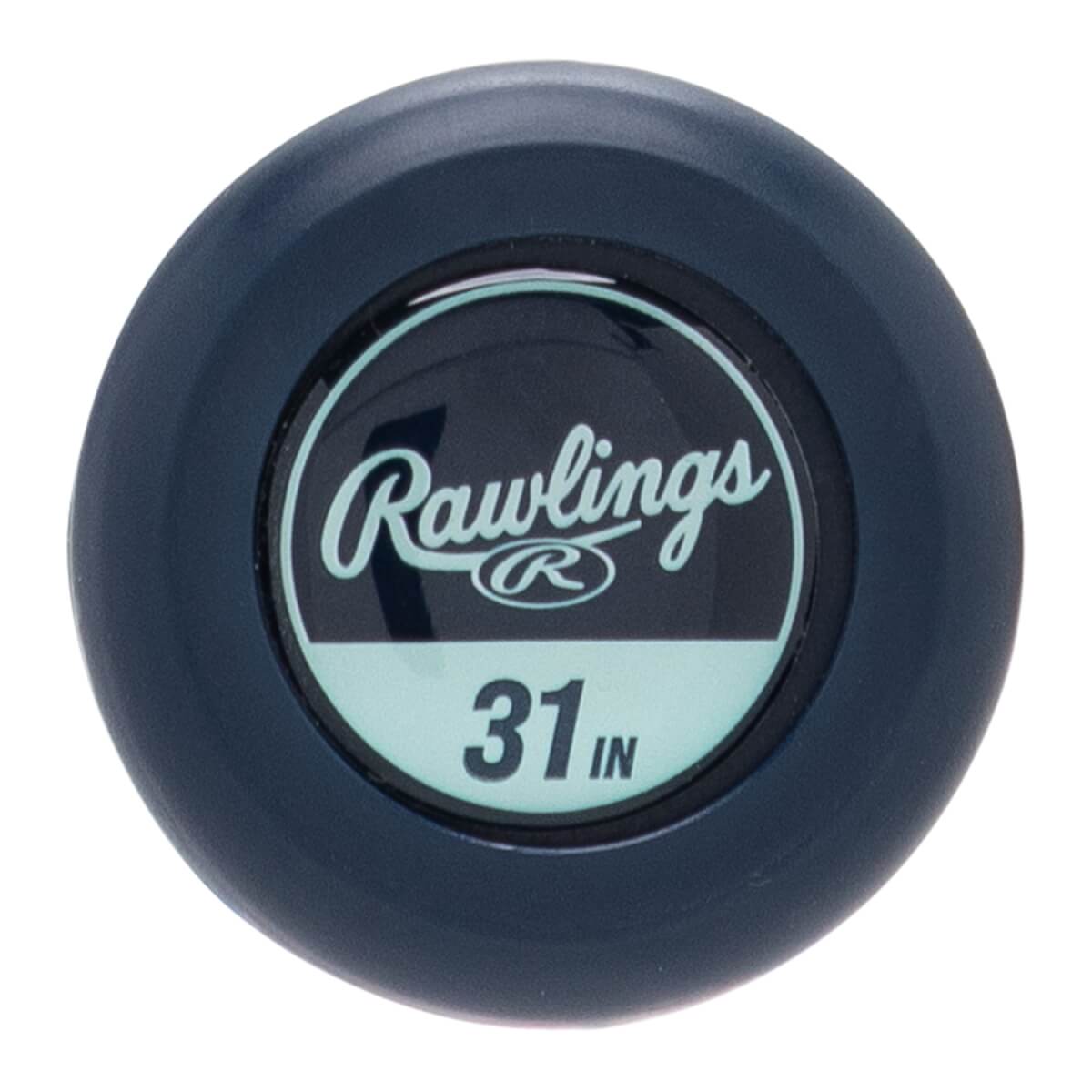 Top-down view of a dark blue bat end cap with a light blue Rawlings logo and 31 IN text.