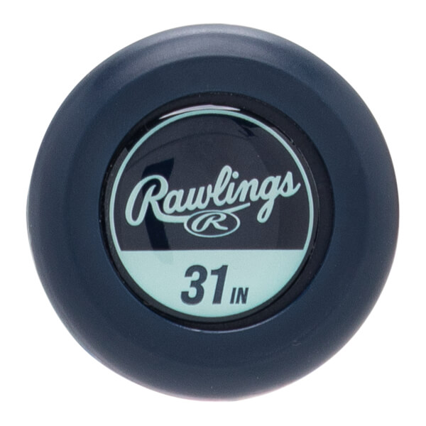 Top-down view of a dark blue bat end cap with a light blue Rawlings logo and 31 IN text.