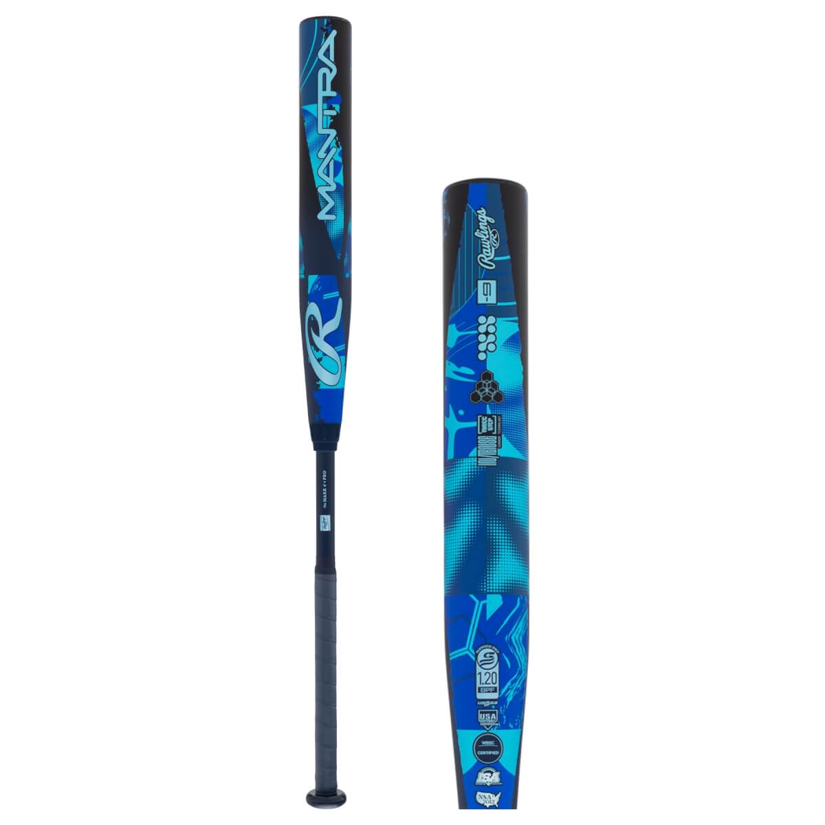 Front view of a dark blue fastpitch softball bat with MANTRA text, Rawlings R logo, and a separate view of its patterned barrel.