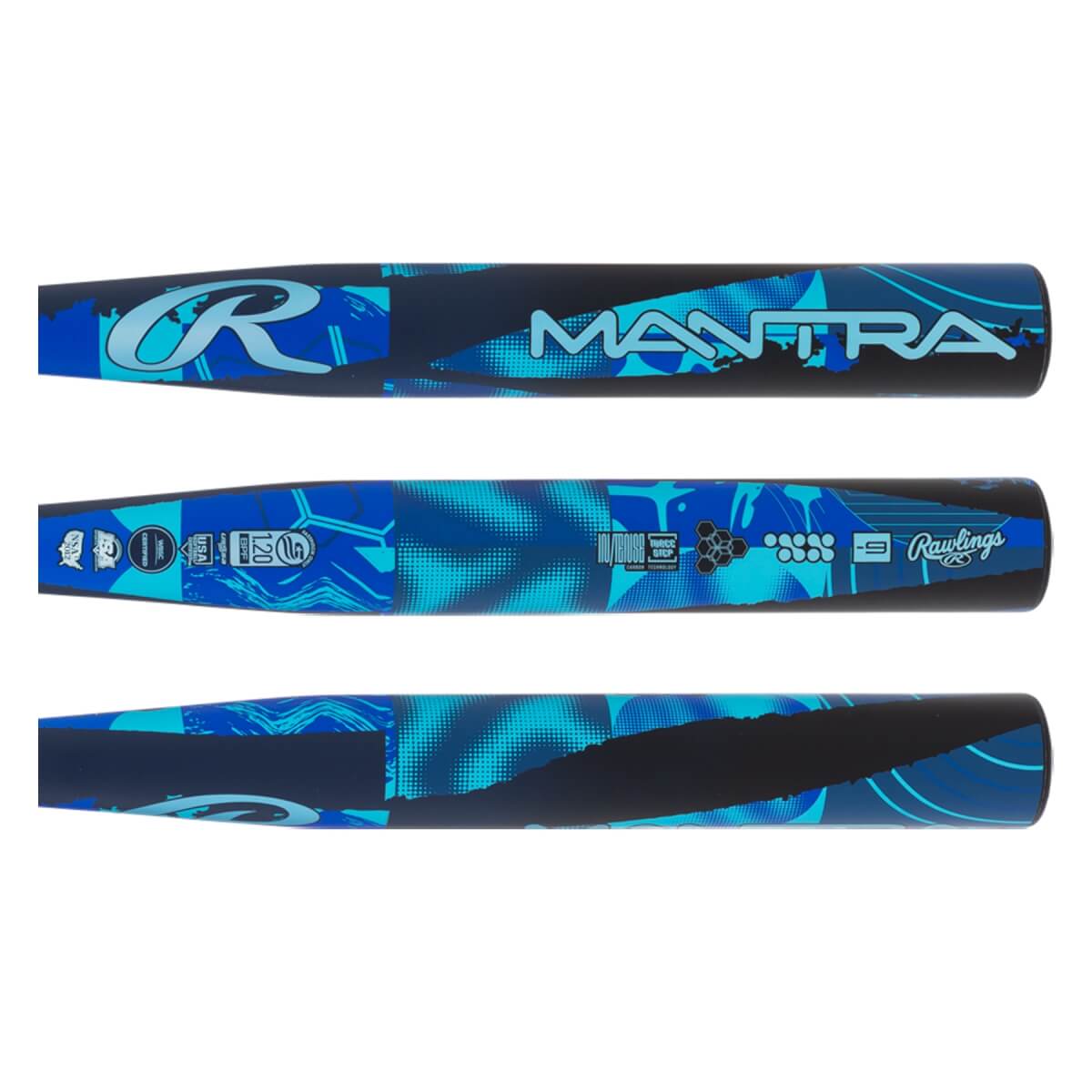 Side view of a dark blue and light blue softball bat with MANTRA and Rawlings branding and an abstract geometric pattern.