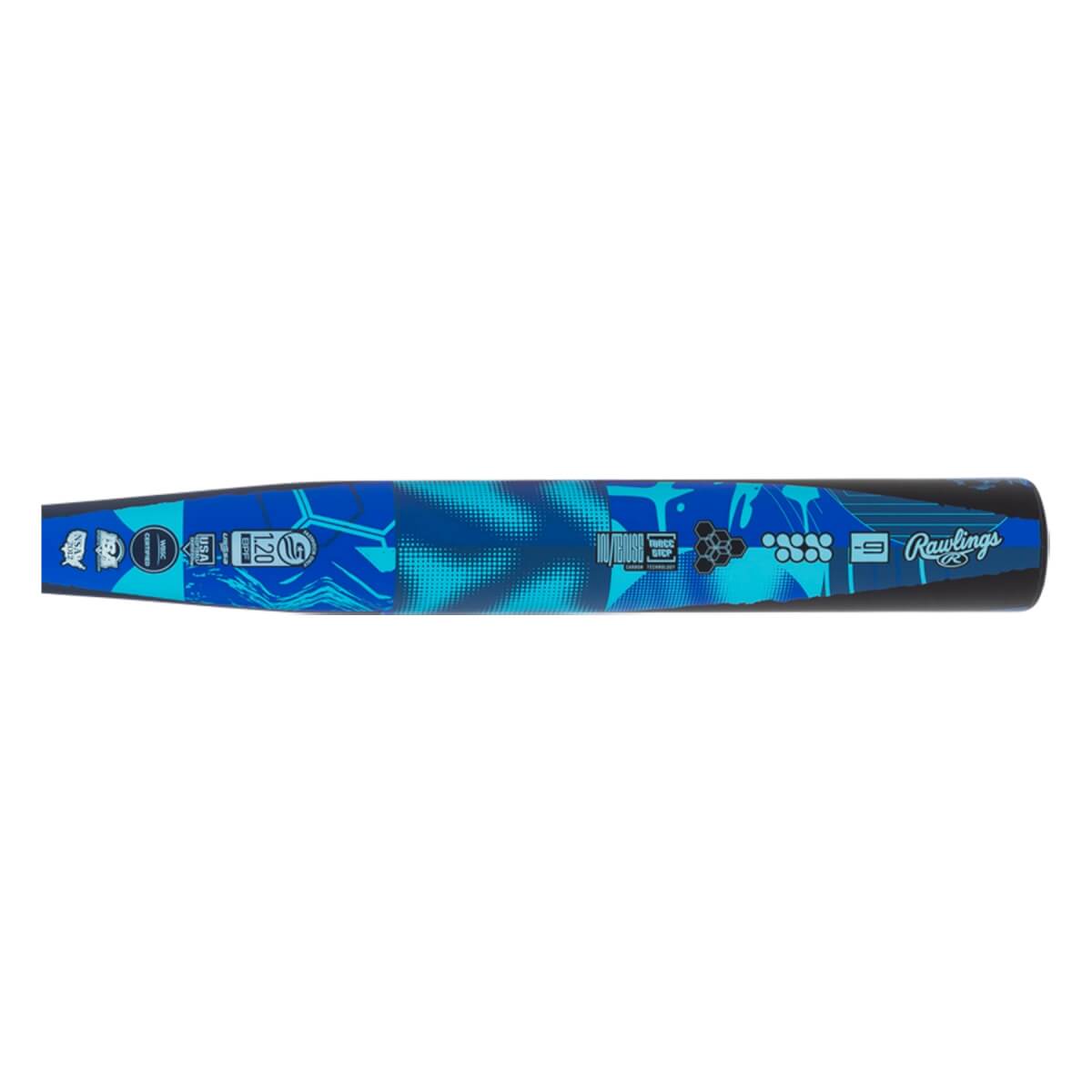 Side view of a blue fastpitch softball bat with a geometric pattern, MANTRA text, and Rawlings logo.