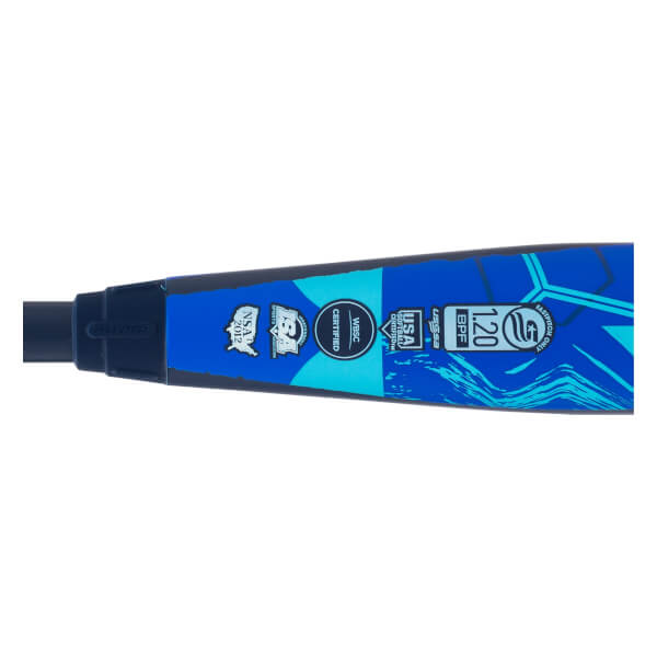 Close-up of side of blue fastpitch softball bat with certification stamps, geometric patterns, and FASTPITCH ONLY text.
