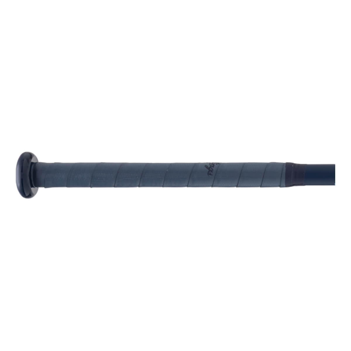 Side view of a dark gray softball bat handle with a wrapped grip, black knob, and faint Rawlings logo.
