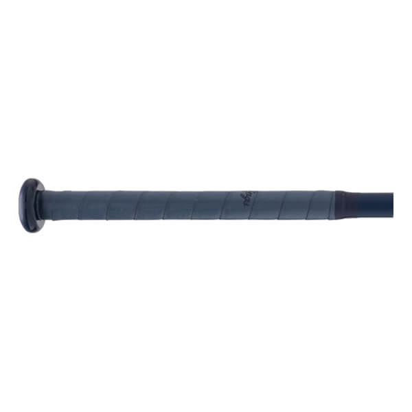Side view of a dark gray softball bat handle with a wrapped grip, black knob, and faint Rawlings logo.