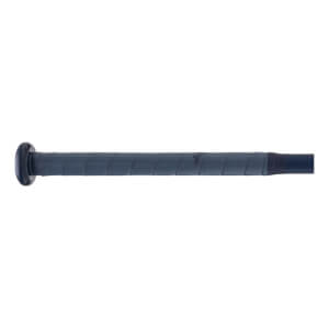 Side view of a dark gray softball bat handle with a wrapped grip, black knob, and faint Rawlings logo.