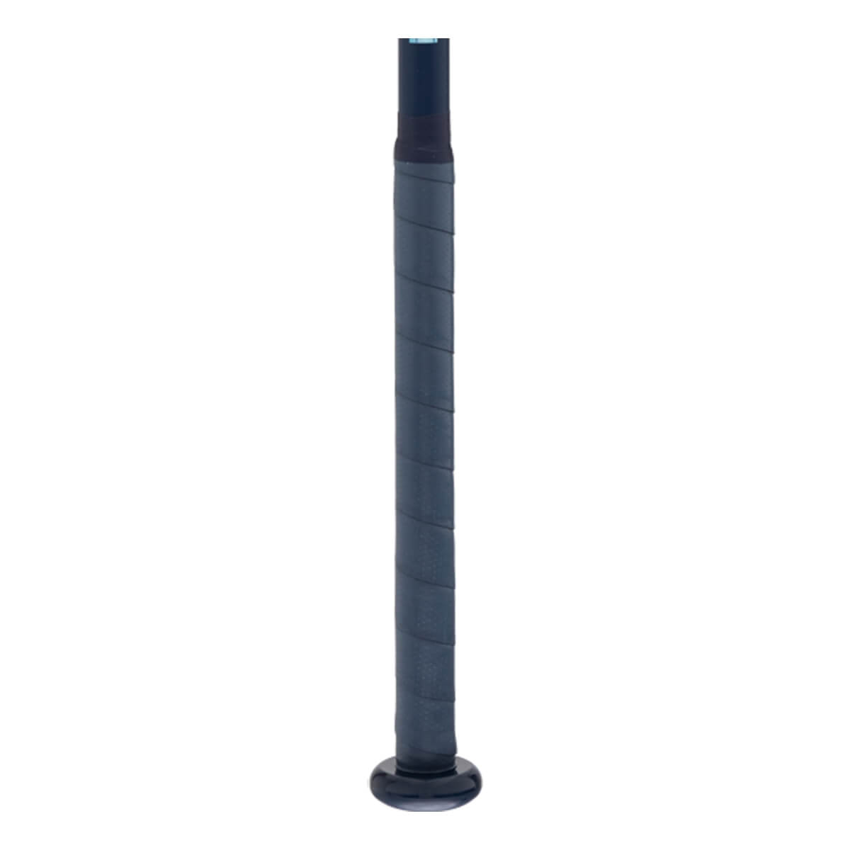 Side view of the dark gray bat handle with spiral grip tape and a rounded knob.