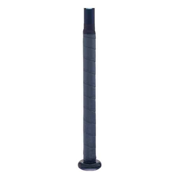 Side view of the dark gray bat handle with spiral grip tape and a rounded knob.