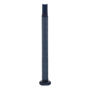 Side view of the dark gray bat handle with spiral grip tape and a rounded knob.