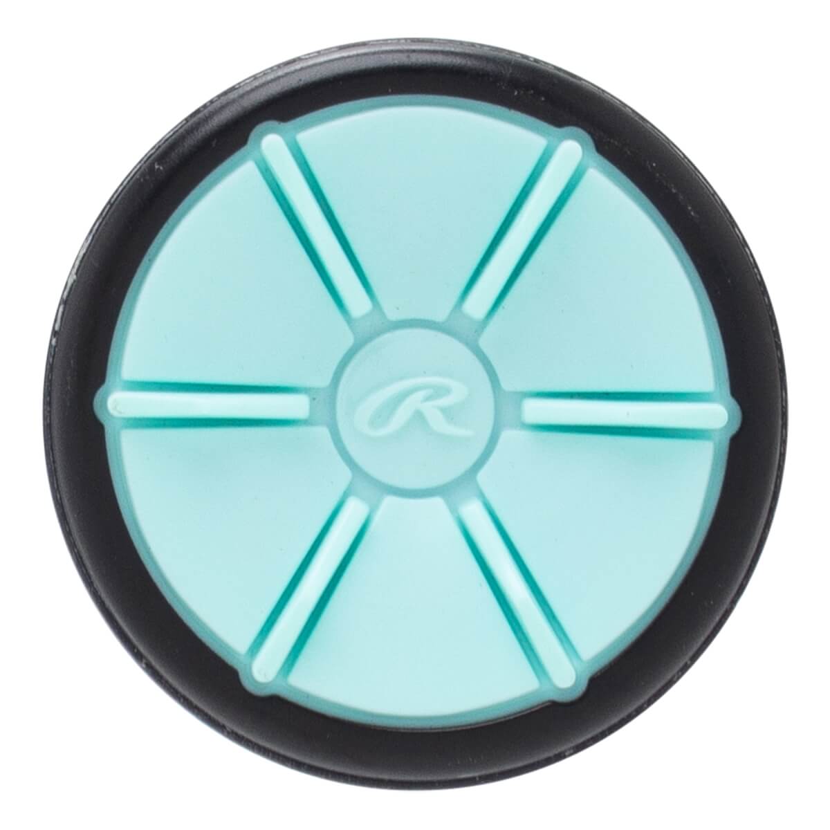 Top-down view of a light blue bat end cap with a black rim, a raised Rawlings R logo, and six segmented lines.