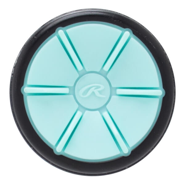 Top-down view of a light blue bat end cap with a black rim, a raised Rawlings R logo, and six segmented lines.