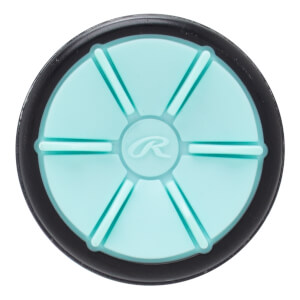 Top-down view of a light blue bat end cap with a black rim, a raised Rawlings R logo, and six segmented lines.